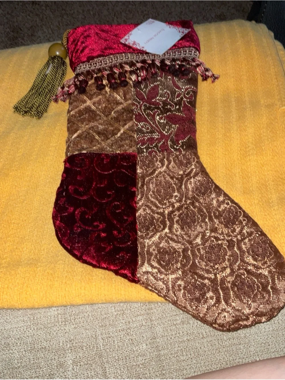 Christmas Stocking Patchwork Jacquard Velvet Cuff Tassel Burgundy Gold 20